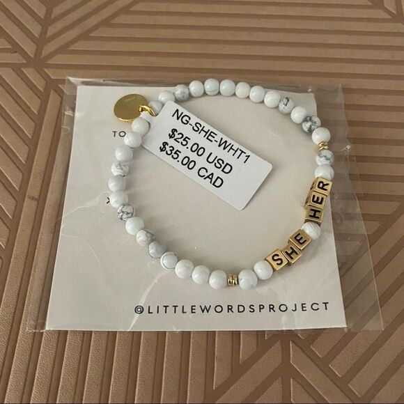 Little Words Project Bracelet She Her Stretch Beaded Gold Marble Neutral Casual - Picture 5 of 5